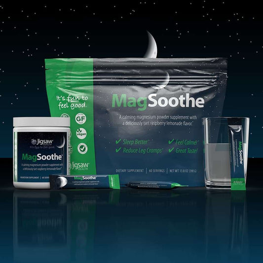 Jigsaw MagSoothe magnesium glycinate powder supplement with tart raspberry lemonade flavor for better sleep and muscle relaxation displayed with packaging and glass of water under night sky