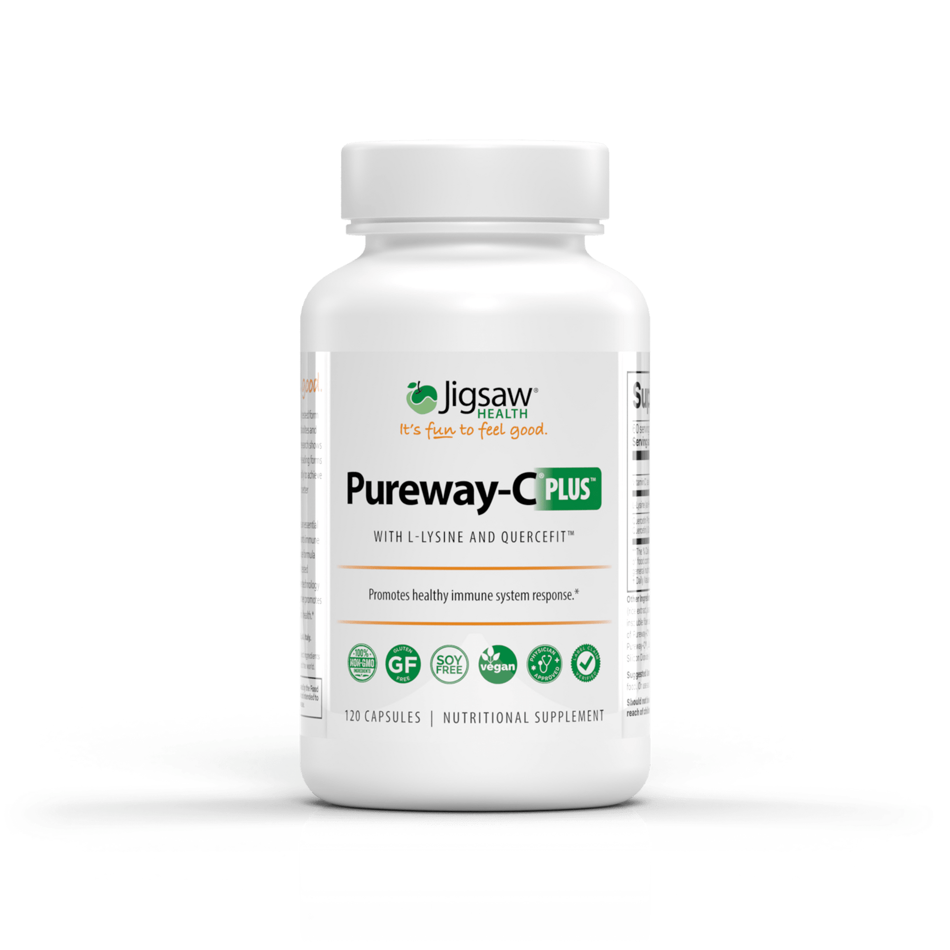Jigsaw Pureway-C Plus supplement bottle with L-Lysine and Quercifit for immune support and healthy aging