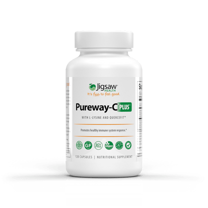 Jigsaw Pureway-C Plus supplement bottle with L-Lysine and Quercifit for immune support and healthy aging