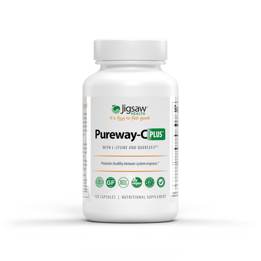 Jigsaw Pureway-C Plus supplement bottle with L-Lysine and Quercifit for immune support and healthy aging