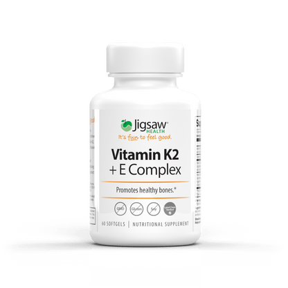 Jigsaw Health Vitamin K2 + E Complex supplement bottle for healthy bones and calcium absorption.