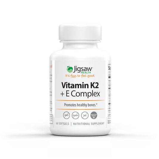 Jigsaw Health Vitamin K2 + E Complex supplement bottle for healthy bones and calcium absorption.