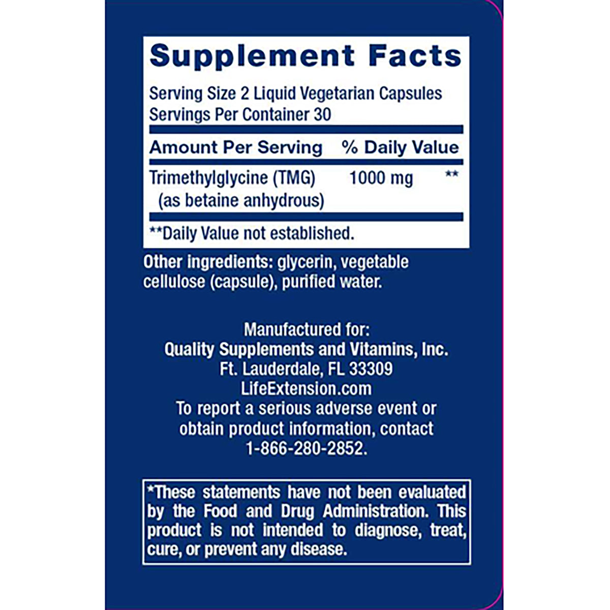 life extension TMG supplement facts label