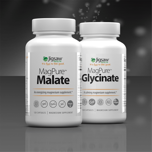 Jigsaw MagPure Magnesium Malate and Glycinate bottles for energy boost and calming supplement