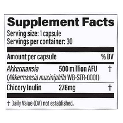 The ingredients list for a bottle of Akkermansia 500 by Pendulum for gut health.