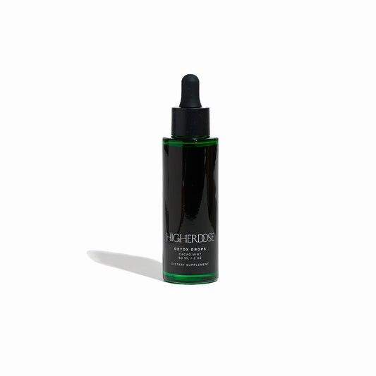 HigherDOSE Detox Drops dietary supplement in green and black dropper bottle for skin hydration and glow